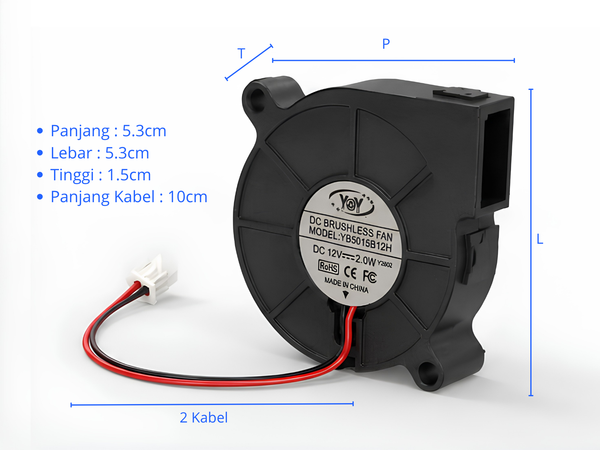 YoY YB5015B12H DC 12V 2W Brushless Blower Fan - 53x53x15mm gallery thumbnail 5